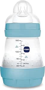 MAM Biberon Easy Start 160 ml, Biberon anticolica per allattamento misto che riduce le bolle d'aria e il rischio di coliche, Accessori neonati autosterilizzanti e con tettarella misura 1, Azzurro