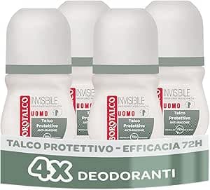 Borotalco, Deodorante Uomo Roll-On Invisibile, con Talco Protettivo, Anti-Macchie, Senza Alcool, Profumo Muschiato, 72h efficacia - 4 Pezzi da 50 ml - Esclusiva Amazon