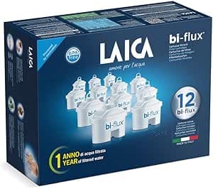 LAICA bi-flux® Filtro per Acqua – Preserva i Sali Minerali Utili all'Organismo e Riduce Cloro e Calcare - 12 Mesi di Acqua Buona e Filtrata (12 Filtri x 150L) - Made in Italy