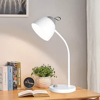 ERAY Lampada da Scrivania Ricaricabile - 3000mAh, Dimmer Continuo, Collo Flessibile 360°, Gancio e Pulsante Rotante, Lampada da Tavolo Senza Fili per Camera da Letto, Studio, Ufficio, Bambini, Bianca