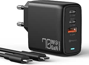 70W Caricatore USB C Multiplo, 3 Porte Alimentatore USB C GaN Tech Compatibile con MacBook Pro/Air,iPad Pro,iPhone 14/15,Galaxy S23/S22/S21,Steam Deck,PD3.0 Caricabatterie Rapido con 1.8M Cavo