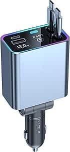 Retrattile Caricatore Auto 4 in 1 Caricabatteria Cavi 66W USB C Ricarica Rapida con Display di Tensione Compatibile con iPhone Galaxy Huawei per 12V 24V Car