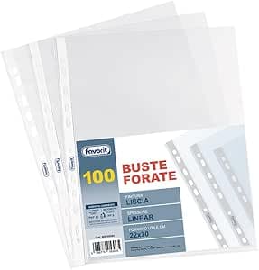 Favorit Buste Trasparenti con fori, 100 Pezzi, Finitura Liscia, Formato Interno 22 x 30 cm