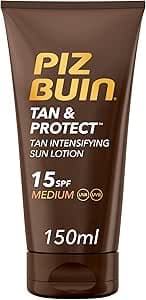 PIZ BUIN Tan & Protect Lozione Solare Intensificatore dell'Abbronzatura SPF 15, Crema solare 15 abbronzante corpo con Illumitone, Protezione solare 15 con filtro solare UVA/UVB, 150 ml
