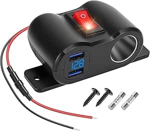 Caricabatteria da Auto Dual Presa USB Accendisigari Caricatore di Ricarica Rapida Adattatore con Interruttore e Display di tensione a LED per Barca Marine Camion