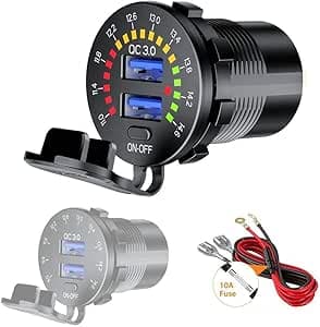 Presa USB Caricabatteria Auto 36W Doppio QC3.0 Accendisigari Caricabatterie Impermeabile con Interruttore e Voltmetro LED Indicazione per 12V 24V Moto Camper Camion Barche