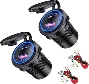 2PCS Caricatore Auto Presa USB QC3.0 e Tipo C PD 12V Caricabatteria Adattatore Impermeabile con Interruttore LED Indicazione per Moto Camper Camion Barche