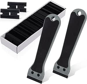 EHDIS 2 Manico Lungo Raschietto Plastica con 100 Lame di Plastica, Raschietto Set, per Piano Induzione, Cucina, Piastrelle e Auto, Rimuove Adesivi, Etichette Adesive di Carta, grigio