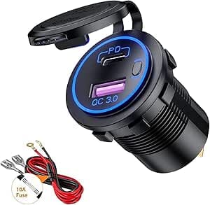 Caricatore Auto USB Presa Accendisigari e Tipo C PD 12V 24V QC3.0 Caricabatteria Adattatore Impermeabile con Interruttore e Blu LED Indicazione per Moto Camper Camion Barche