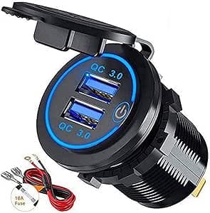 Presa USB per Auto 12V 24V 36W Caricabatteria da Doppio QC3.0 Impermeabile con Interruttore e LED Indicazione per Moto Camper Camion Barche