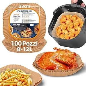 HONYAO 23x23 cm Fogli di Carta Addensata Friggitrice ad Aria XXL 8-12 L, 100 Pezzi Antiaderente Usa e Getta Carta Forno Pergamena, Impermeabile Antiolio Accessori per Air Fryer - Quadrato